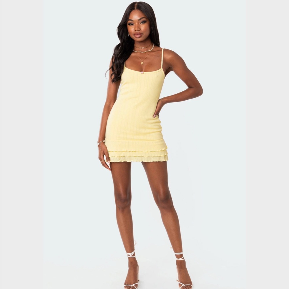 Edikted Pointelle Yellow Mini Dress - Size XL